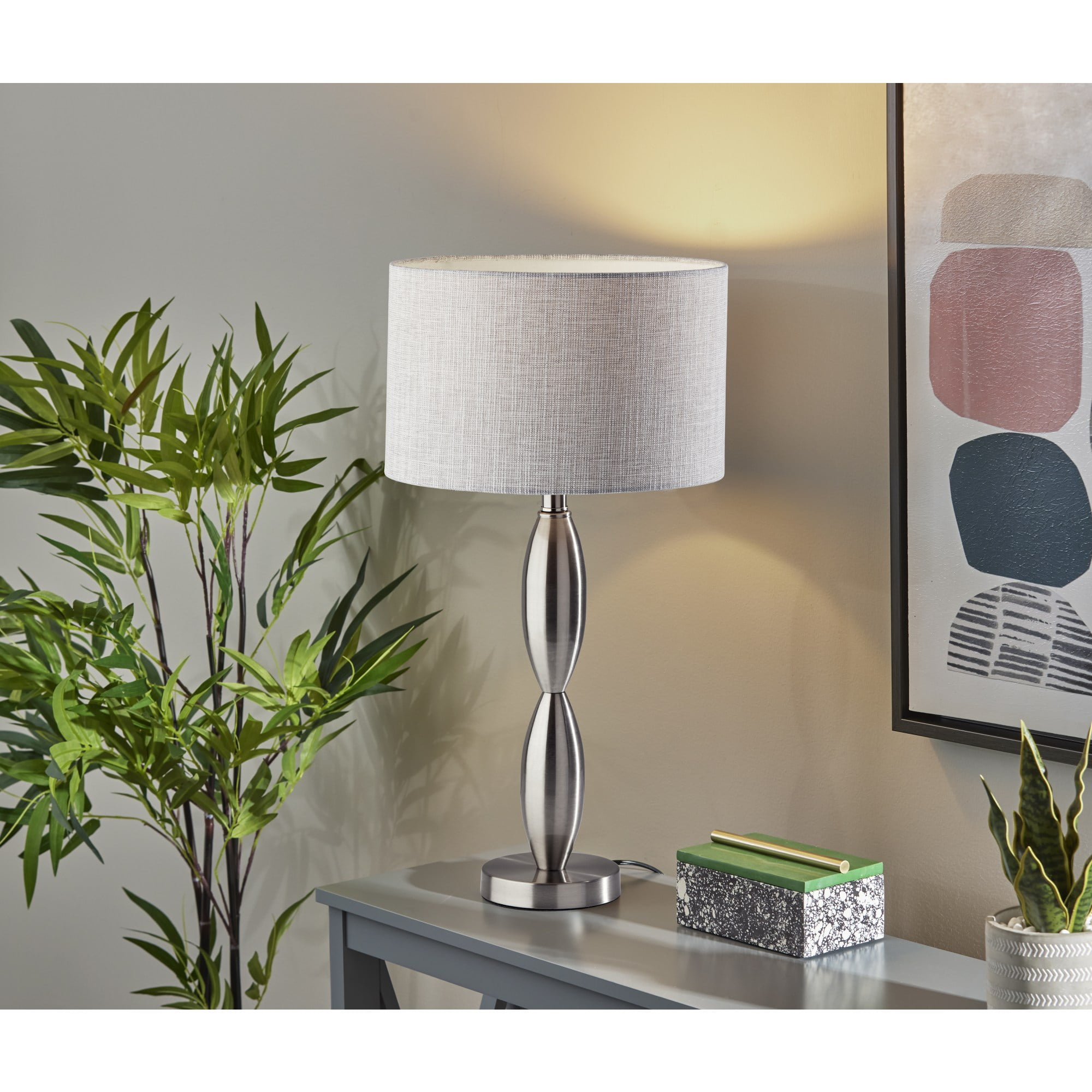 Adesso Lance Table Lamp, Brushed Steel, Light Grey and White Textured Fabric Shade