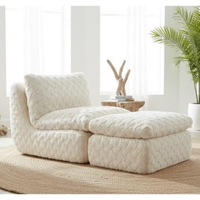 GOMYHOME Cozy Faux Fur Chaise Lounge & Ottoman Set | Armless Modular Accent Chair Creamy White
