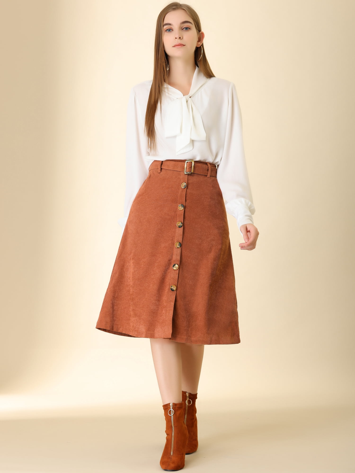 DARING DIVA Women's A-Line Button Front Belted Midi Skirts 3XL Caramel