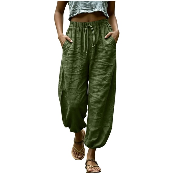 Admvng Women's Linen Pants Summer Casual Drawstring High Waist Travel Vacation Outfits