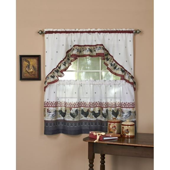 Achim Home Furnishings ROTS36BU12 Rooster Tier and Swag Set, 57" x 36", Burgundy 57" x 36" NEW
