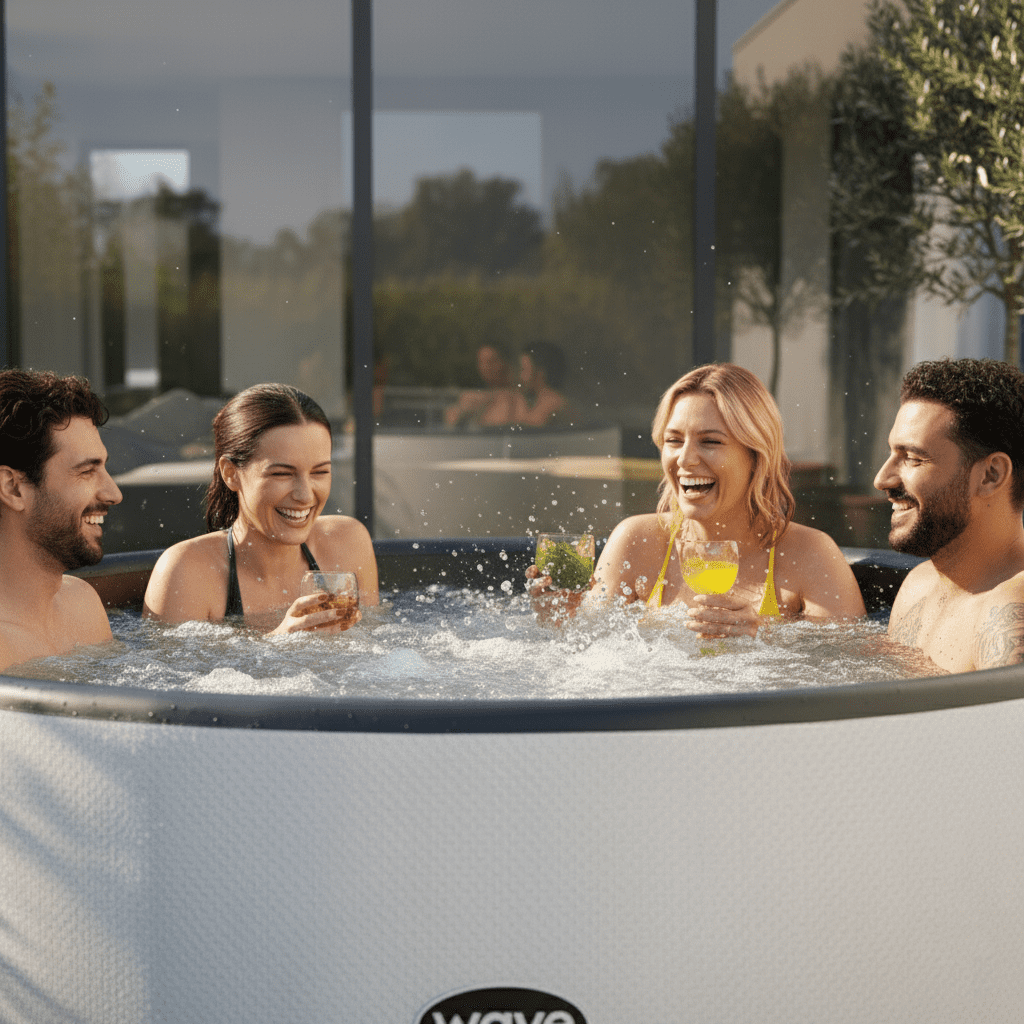Wave Ontario 6-Person Round Drop-Stitch Hot Tub | 130-Jet Inflatable Spa | White Herringbone