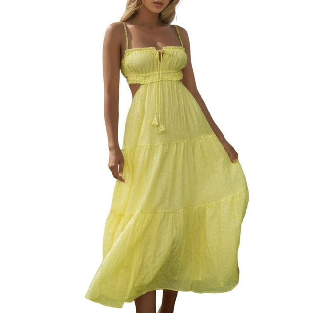 Vestido largo sin mangas con cuello en V para mujer - Color liso, gasa, informal, primavera/otoño