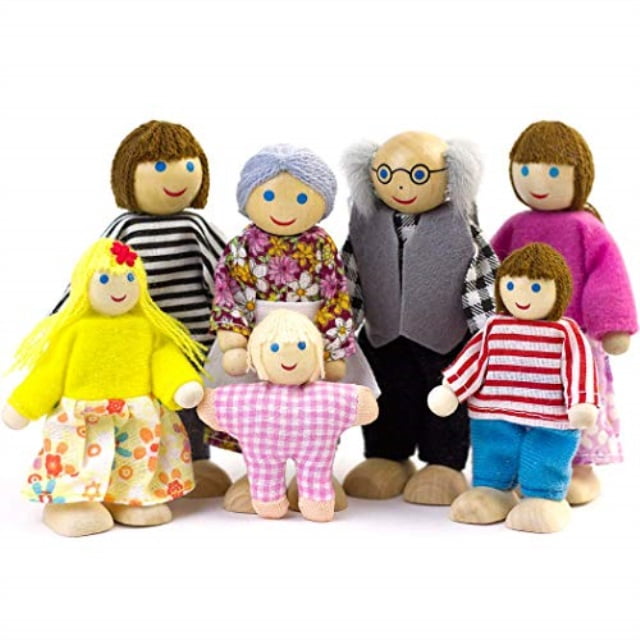 Seanmi Dollhouse People, Dolls Family of 7 Poseable Wooden Doll