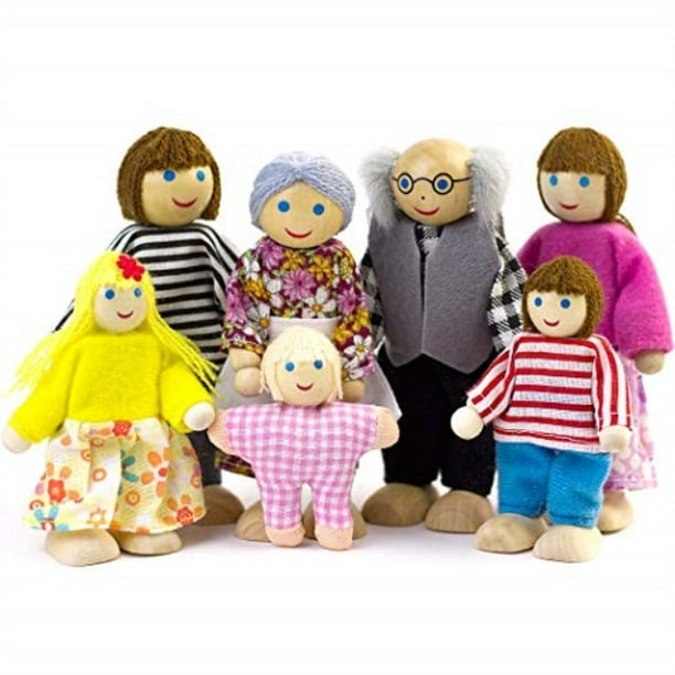 Seanmi Dollhouse People, Dolls Family of 7 Poseable Wooden Doll
