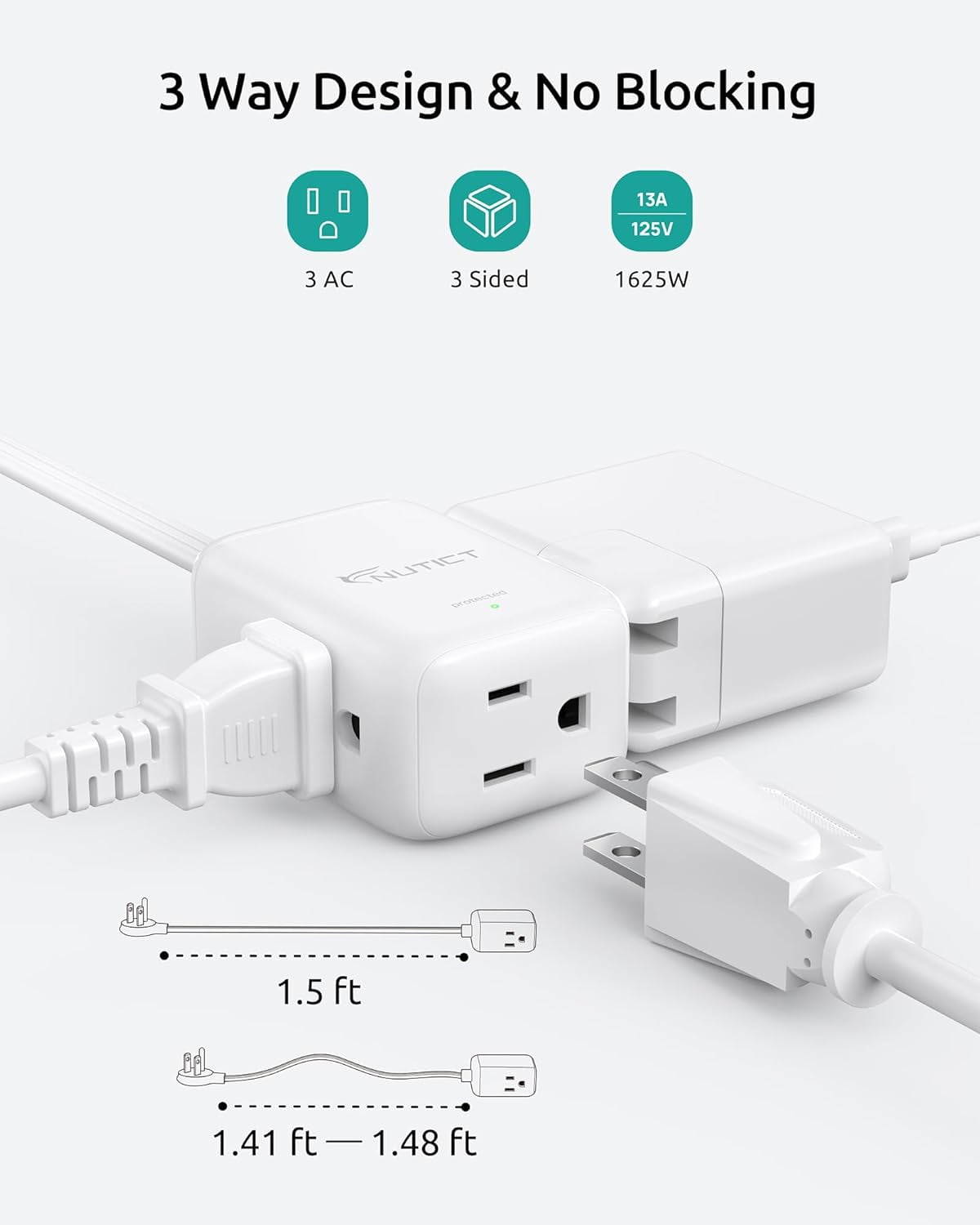Flat Extension Cord Short 1.5ft, ETL Listed, 3 Prong Indoor Extension Cord with 900J Surge Protector, 13A/1625W, Left Angle Flat Wall Plug, Small Outlet Extender for Kitchen Bathroom, White