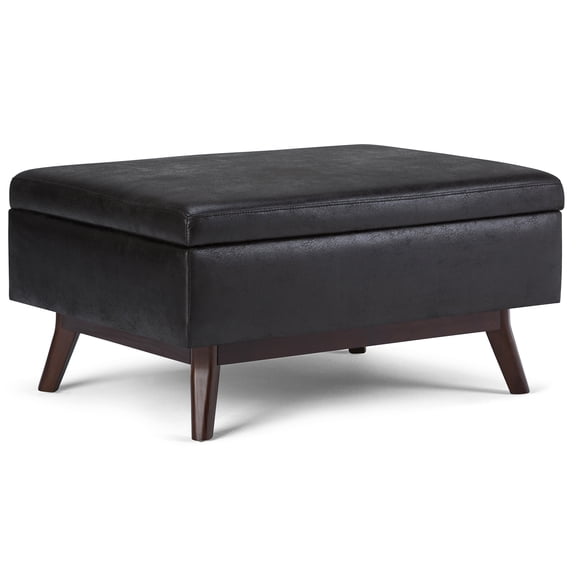 Distressed Black Faux Leather Storage Ottoman Coffee Table with Lift Top and Mid Century Design