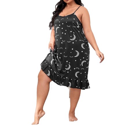 

Casual Geometric Spaghetti Strap Slip Dress Black Sleeveless Plus Size Nightgowns & Sleepshirts S