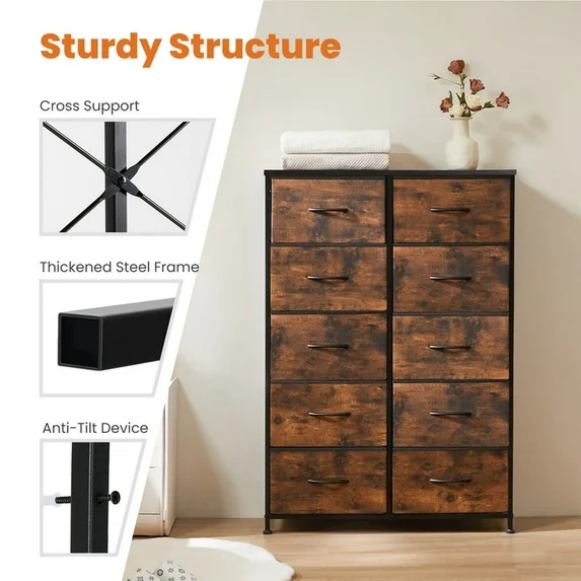 CONCETTA 10 Drawer Dresser, Fabric Bedroom Dresser,Storage Oragnization Nightstand, Home Organizer for Bedroom, Living Room, Study Room and Hallway, Black Rust