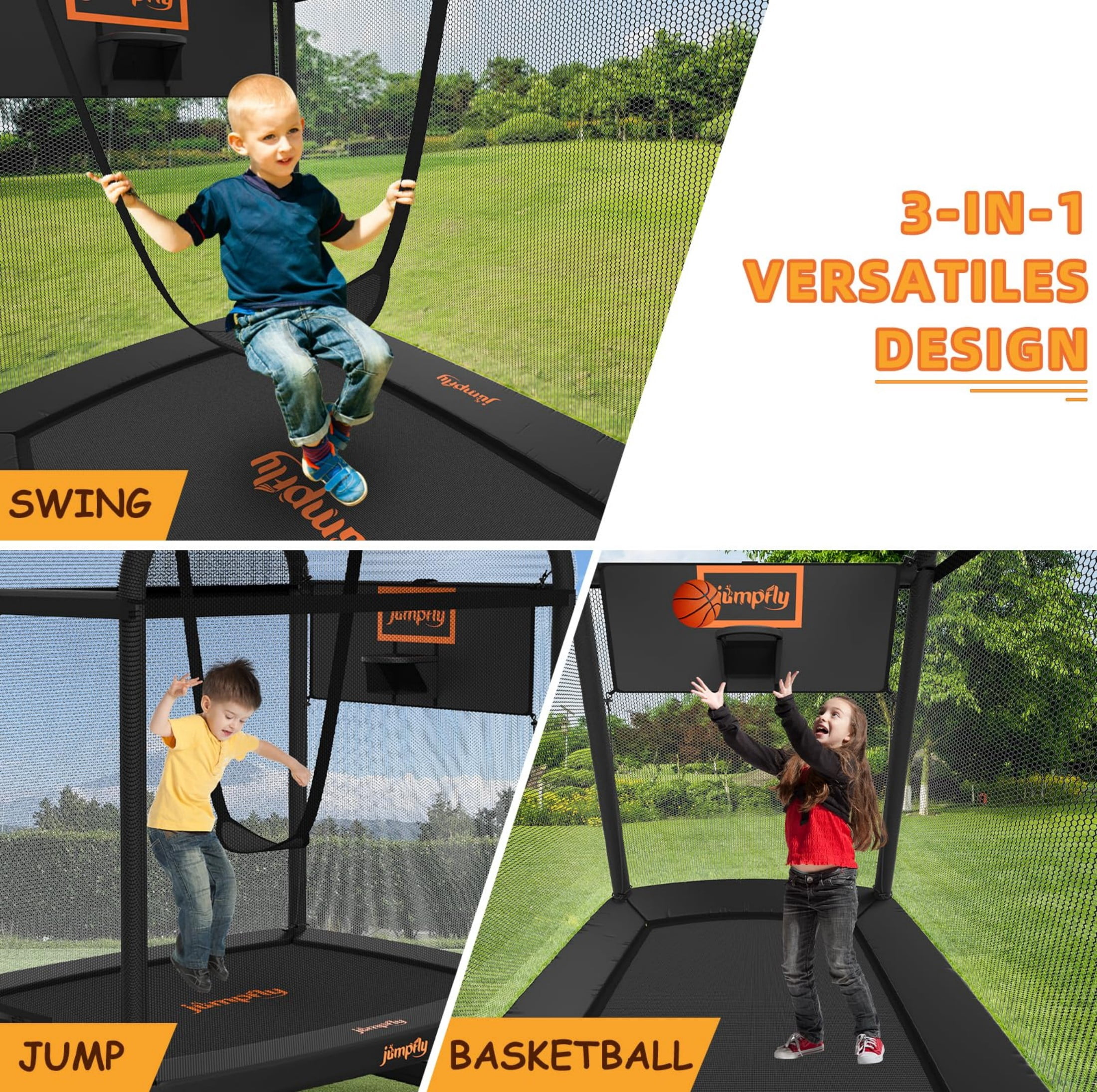 Jumpfly 6FT Rectangle Trampoline for Kids,Toddler with Enclosure Swing&Basketball Hoop,Mini Small Baby Indoor&Outdoor , for Age 3+