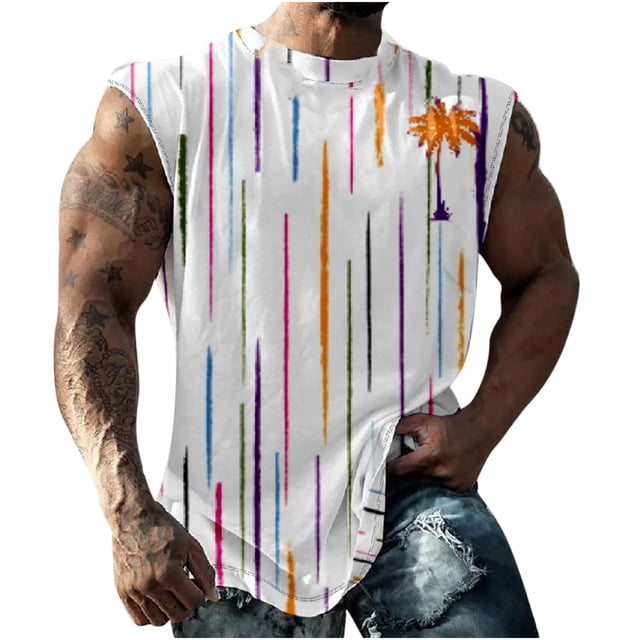 Débardeurs de Gym pour Hommes, T-Shirts Graphiques Imprimés Amusants, Débardeurs d'Été Décontractés Sans Manches à Col Rond, Débardeurs de Plage Hawaïens