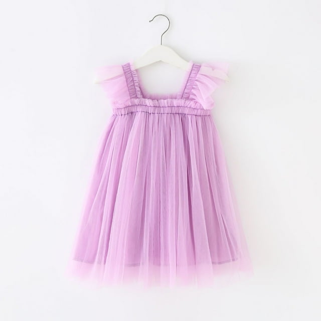 EGNMCR Vêtements pour Bébé Fille Tout-Petits Enfants Bébés Filles Mignonne Été en Maille Couleur Unie Manches Volantées Robe à Bretelles Jupe