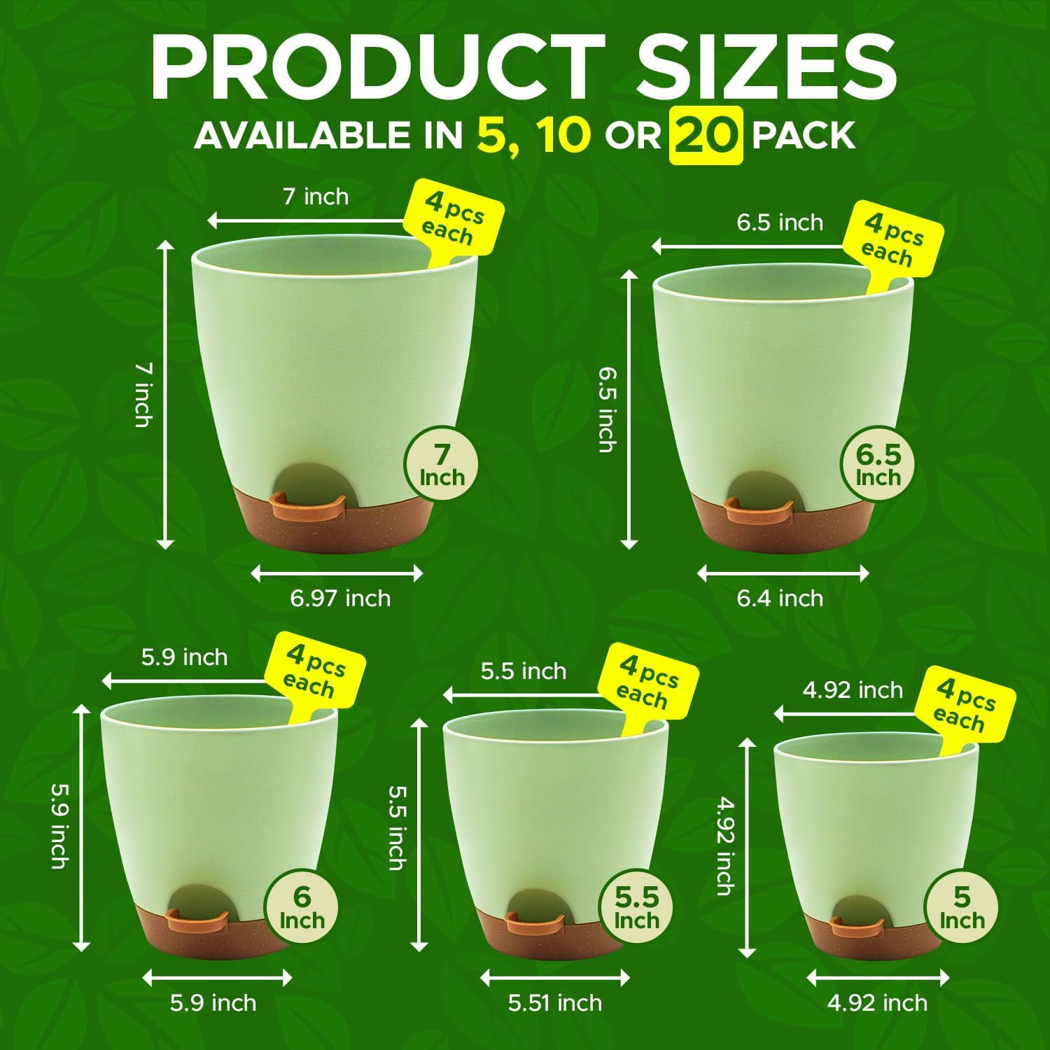 Campior Self-Watering Planters, 5 Sizes with Drainage Holes & Wick Rope, Pack of 20, Green