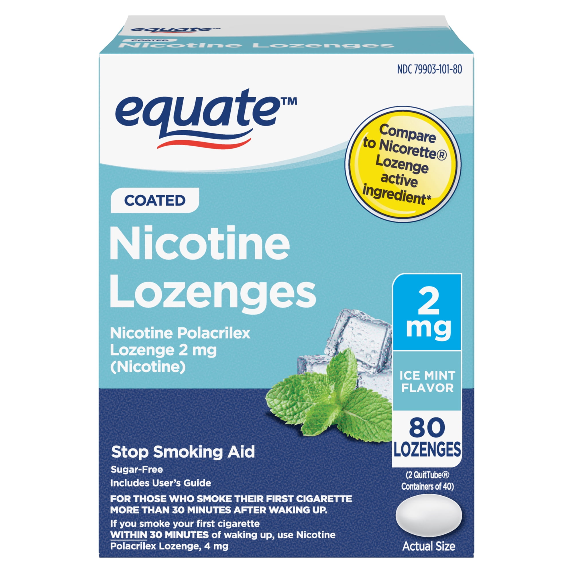 Equate Nicotine Lozenge 2 mg, Stop Smoking Aid, Ice Mint Flavor, Coated, 80 Count