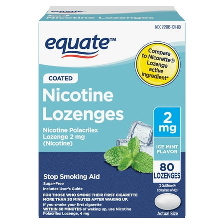 Equate Nicotine Lozenge 2 mg, Stop Smoking Aid, Ice Mint Flavor, Coated, 80 Count