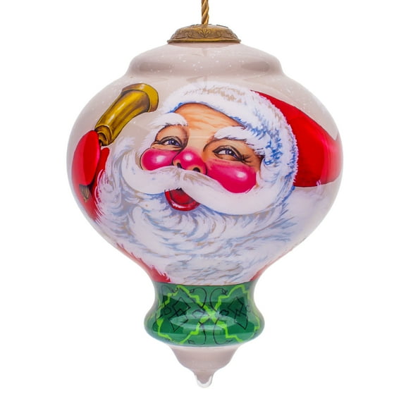 5" Beige and White Winter Wonderland Santa Hand Painted Mouth Blown Glass Hanging Christmas Ornament