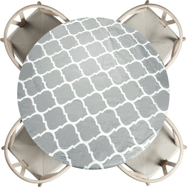 Picnic Table Cloth, 61" Round Vinyl Diamond Fitted Tablecloths Waterproof Flannel Backed Table Covers for Dining Camping Outdoor, Grey/White