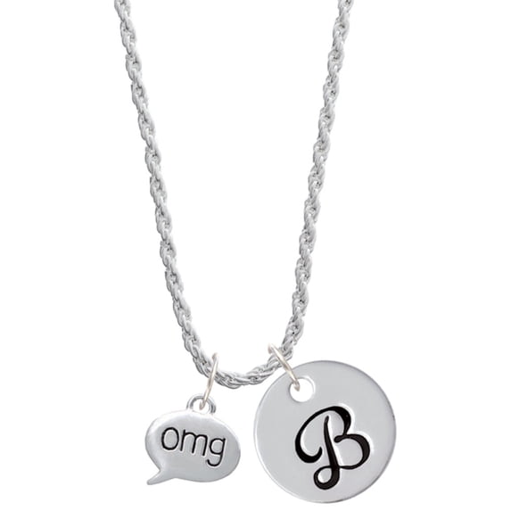 Delight Jewelry Silvertone Text Chat - omg - Oh My God - Silvertone Script Initial Disc - B - Charm Necklace, 20"+3"