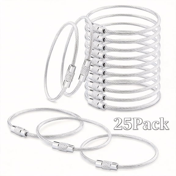 25 Pack Stainless Steel Wire Keychains, 2mm Heavy Duty Coated Cable Key Rings, 6 Inch Silver Hanging Loops for Luggage Tags, Car Keys, ID Tags, and Kitchen Utensils