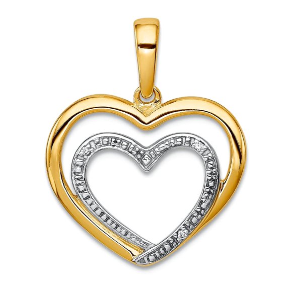 14k Diamond and Rhodium Double Love Heart Pendant Necklace 22x16mm Wide Pendant for Women - .009 dwt