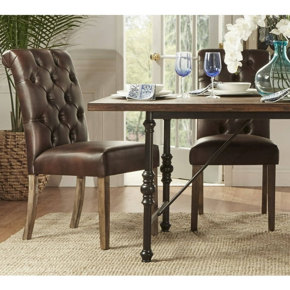 Weston Home Hudson Rolled Top Tufted Dining Chair, Set of 2, Brown PU