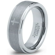 Charming Jewelers Tungsten Wedding Band Ring 8mm for Men Women Comfort Fit Christian Cross Step Beveled Edge Brushed Lifetime Guarantee Size 12.5