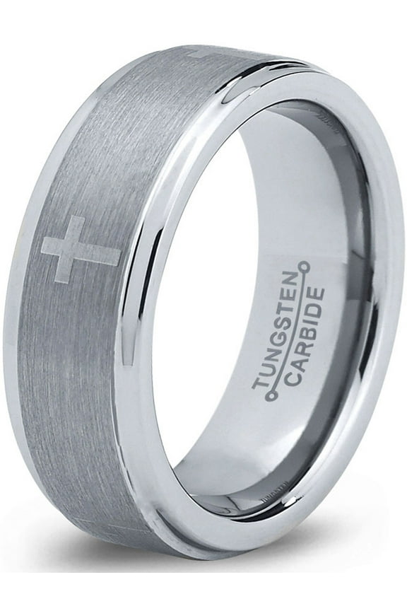 Tungsten Wedding Band Ring 8mm for Men Women Comfort Fit Christian Cross Step Beveled Edge Brushed Lifetime Guarantee Size 12.5