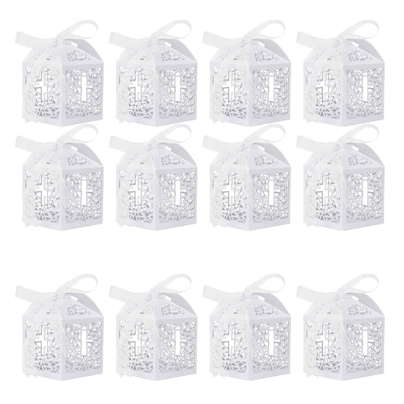 Gieenan 12/24Pcs White Crosses Favors Boxes with Ribbons for Religious Party Decorations