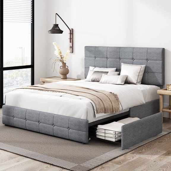 Modern Upholstered Queen Bed Frame with 4 Drawers Platform Bed with Button Tufted Headboard Solid Wooden Slat Support Queen Size Grey
