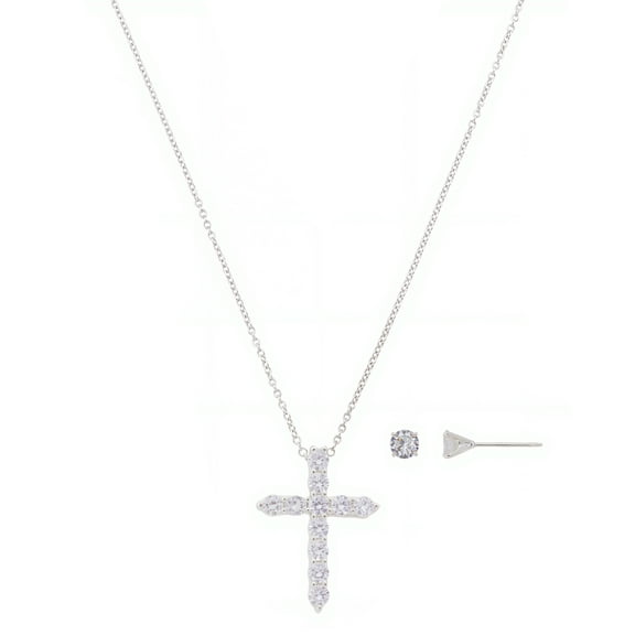 Believe by Brilliance Women's Silver Plated Cubic Zirconia Cross Pendant Necklace and Stud Earring Set, 18 2"