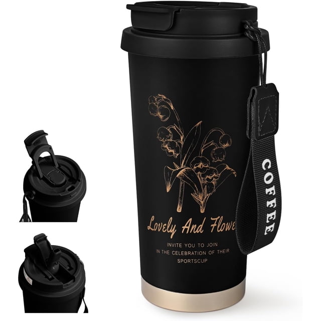Vaso de café de acero inoxidable con aislamiento de doble pared de 500ml con tapa y pajita, taza de café hel reutilizable, taza de café caliente para viajes. Termos de café para cerveza y té (Negro
