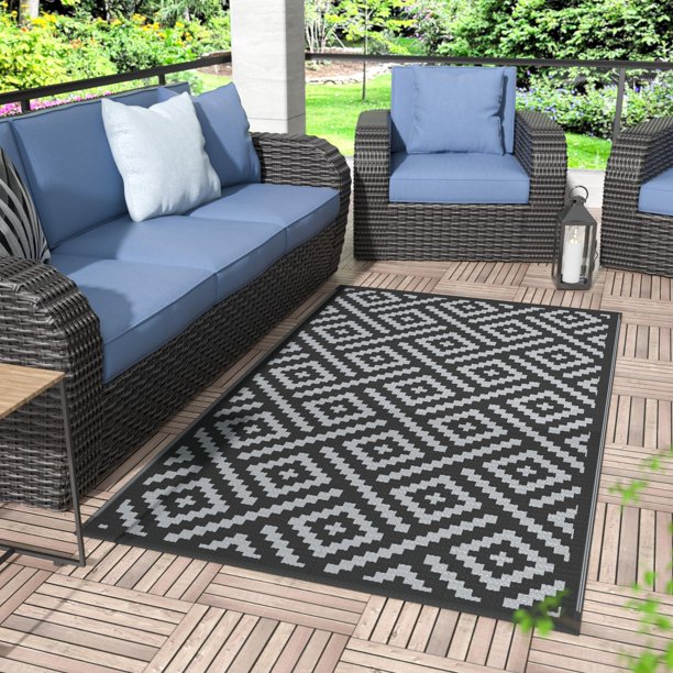 Alfombra exterior GENIMO, impermeable, reversible, 90 x 150 cm, color negro y gris