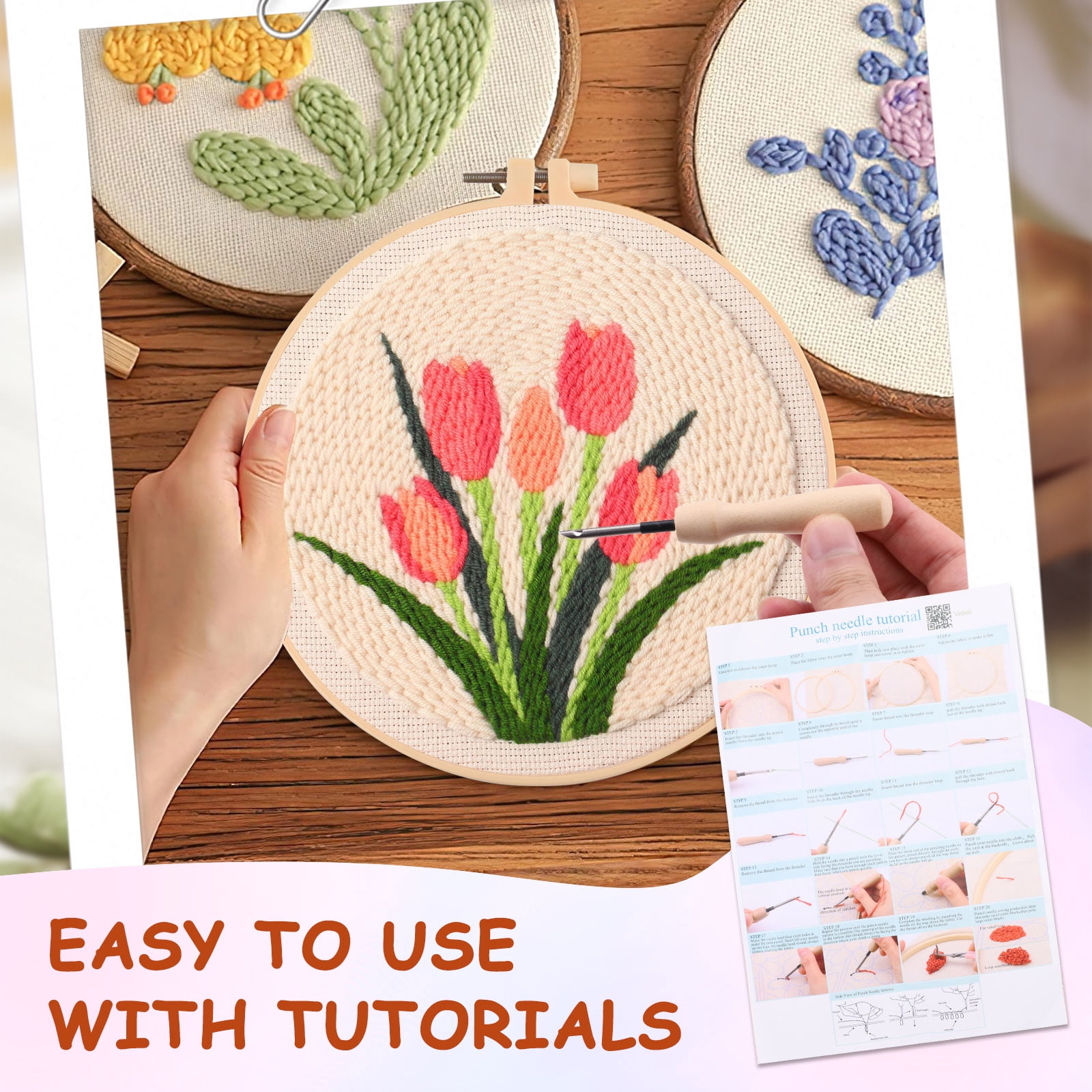 Floral Embroidery Kit for Beginners, Easy Needlepoint Kits for Adults Include Pattern, Hoops, Instructions, Threads and Fabric, Craft Starter Punch Needle Cross Stitch (Tulip)