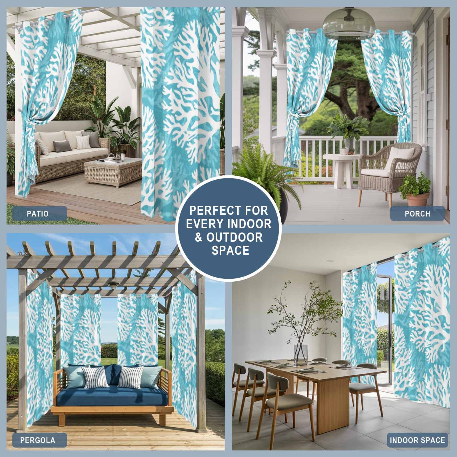 Aqua Blue Coral Outdoor Curtains for Patio, Coastal Ocean Beach Summer Nautical Modern Sunshade Privacy Drapes Grommet Waterproof Outside Curtains for Porch/Cabana/Balcony 54"x 108", 1 Panel
