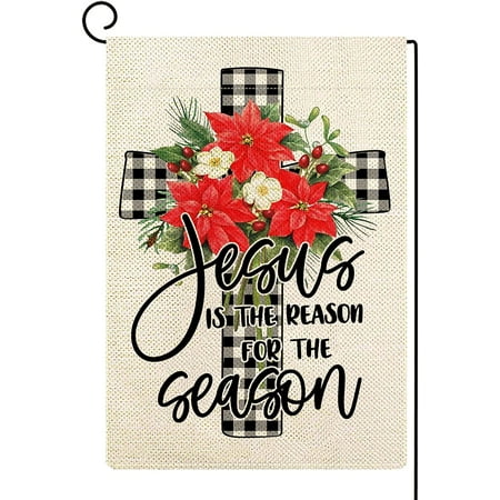Newhomestyle Jesus is the Reason for the Season Garden Flag ,Buffalo Check Plaid Cross Yard Flag Xmas Winter Holiday Yard Outdoor Decoration 12x18 inch