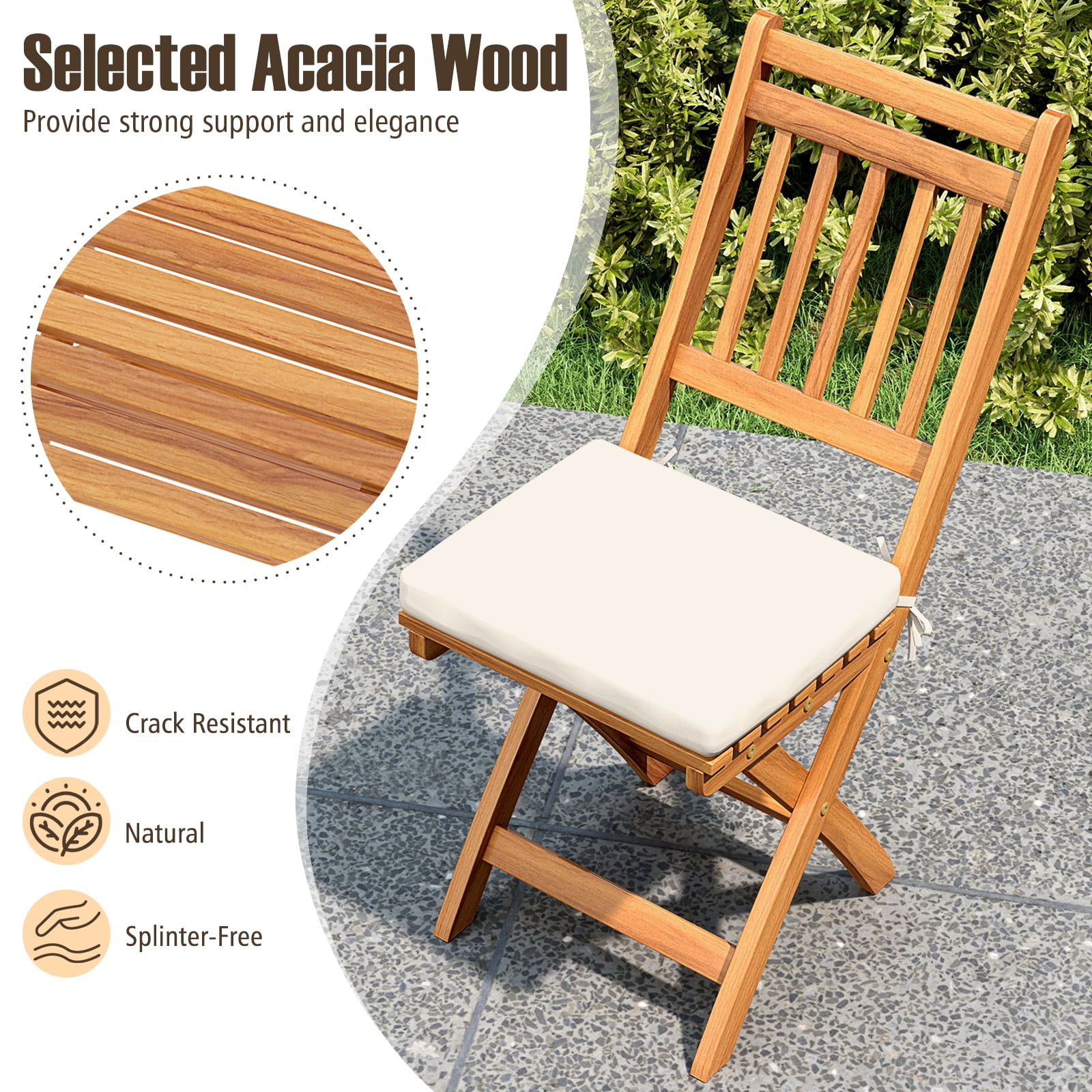 Gymax Folding Patio Chairs Set of 2 w/ Slatted Backrests & Soft Seat Cushions