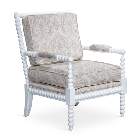 GeeHome Spindle Chair, White Finish, Taupe Paisley Fabric
