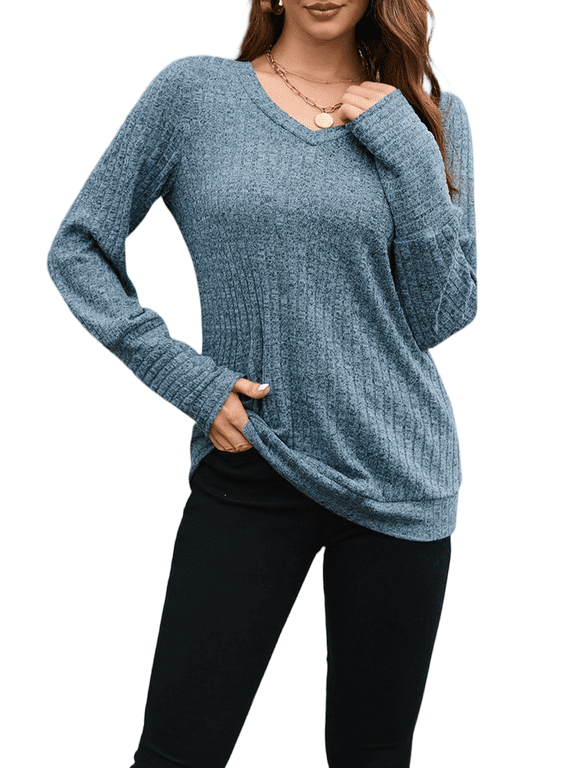 Womens Fall Winter Long Sleeve V Neck Ribbed Knit Brushed Fabric Slim Fit Solid Color Trendy Casual Tee Tops S-2XL