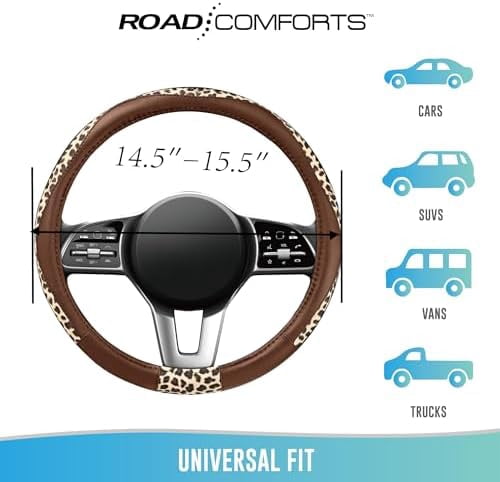 Steering Wheel Cover - Made with PVC Leather and Leopard Fabric - Universal 14 1/2 inches to 15 inches for Most Automotive Steering Wheel - Cheetah Print - Brown