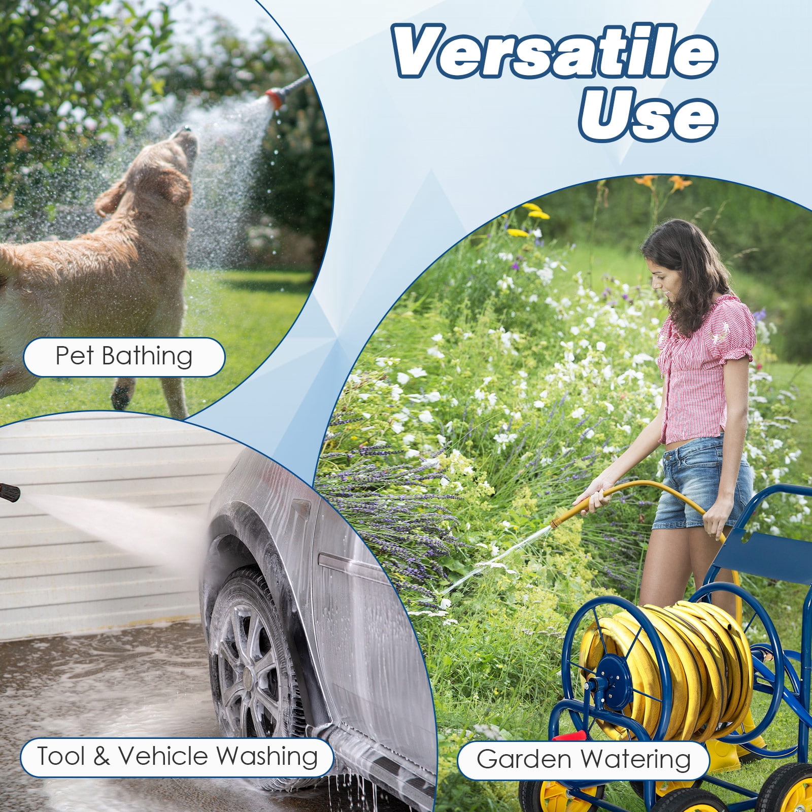 Topbuy 4-Wheel Garden Water Hose Reel Cart, Heavy Duty Wheel Water Planting Cart with Non-slip Crank Handle, Outdoor Slide Hose Guide System