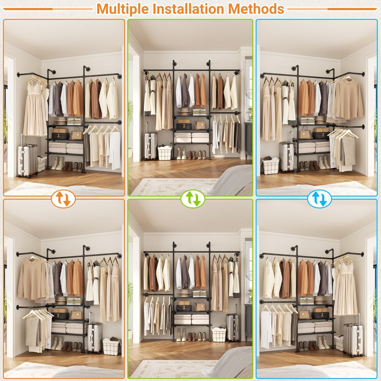 Homieasy Industrial Pipe Clothing Rack, Reversible 7.25FT Wall Mounted Clothes Rack, Heavy Duty Garment Racks Closet Wardrobe with LED Lights& Shelves, Walk-in Closet System, Black