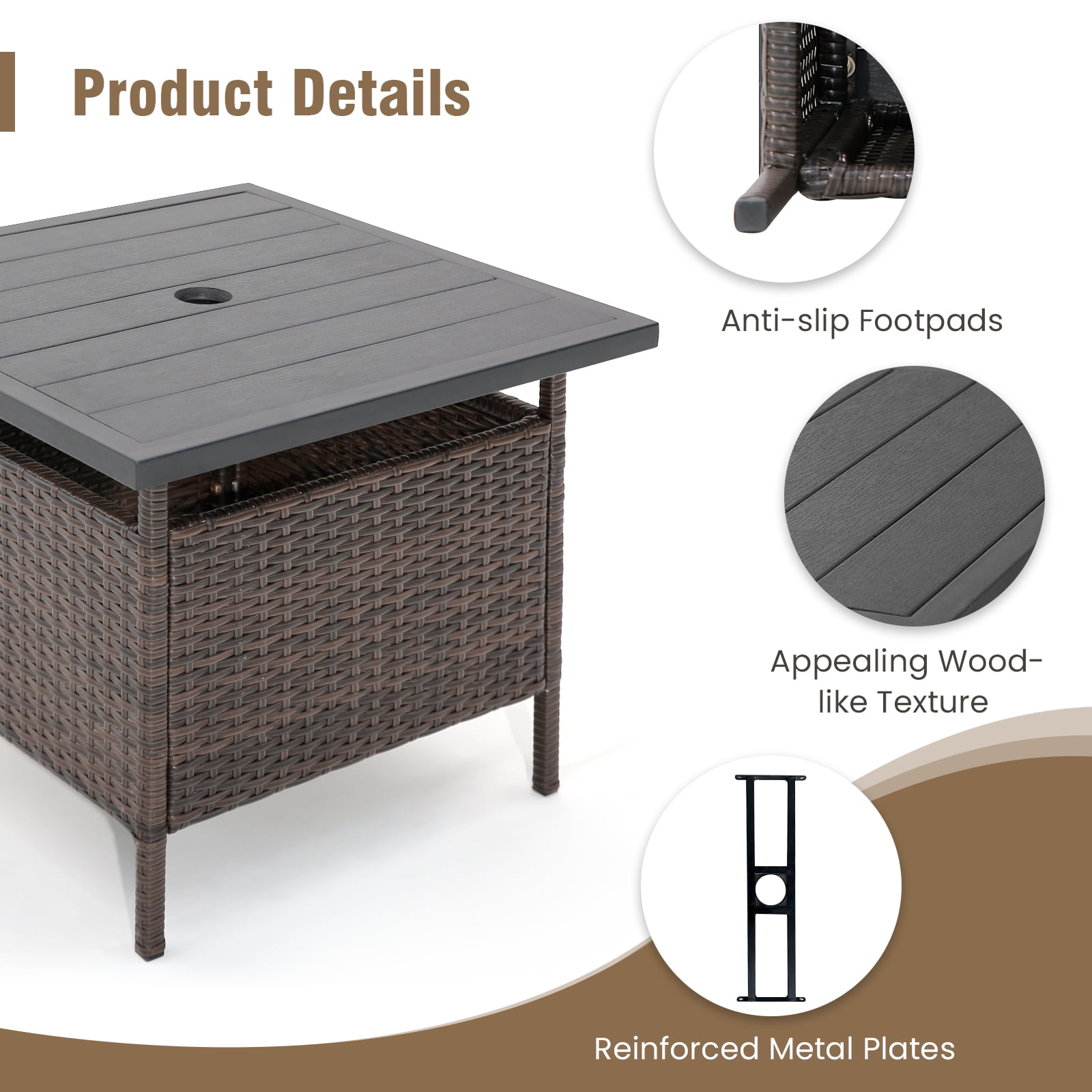 BLACK JAGUAR Outdoor Wicker Table Rattan Coffee Table w/ Umbrella Insert Hole PE Tabletop & Sturdy Metal Frame