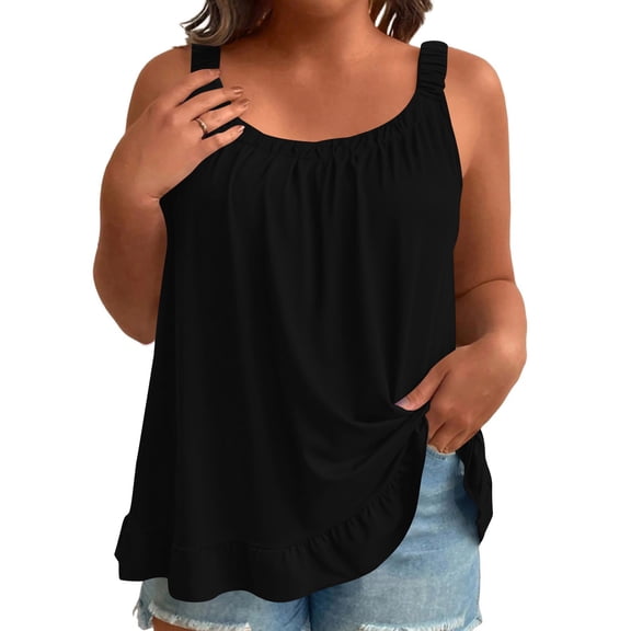 qelini Bubble Hem Tops for Women Plus Size Spaghetti Strap Tank Tops Crewneck Sleeveless Shirt Vest Solid Color Cloths