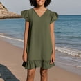 thumbnail image 4 of LOVZFMLL Robes d'Été pour Femmes 2025 Col en V Manches Courtes Ourlet à Volants Robe Courte Décontractée Ample Unie Robe de Plage Verte TTG, 4 of 7