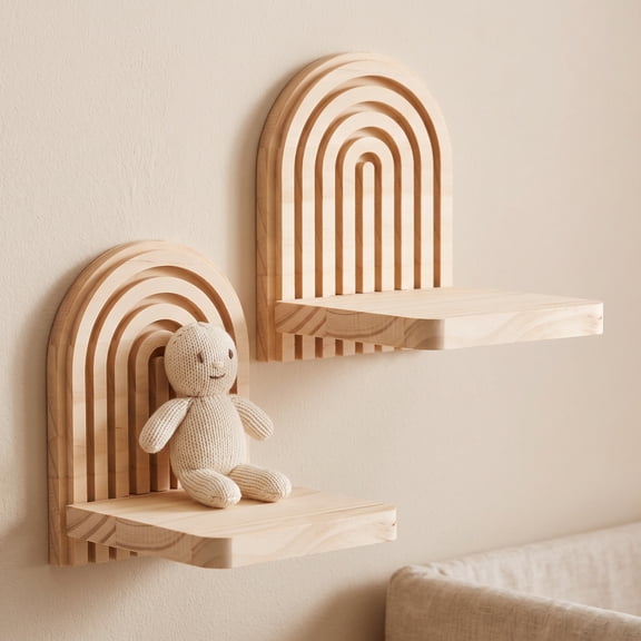 Boho Rainbow Arch Wooden Floating Shelf, Handmade Storage Rack for Bedroom Living Room Bathroom Decor