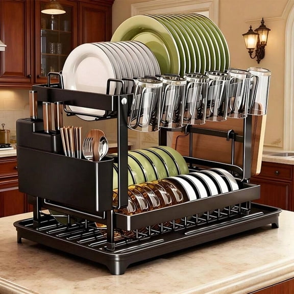 Dish Rack, 2 Tier Dish Drying Rack Dish Drainers for Kitchen Counter Storage Cutlery Holder Home Carbon Steel for Dishes,Cups,BowlsSpace-Saving Design Suitable for Women In Apartments