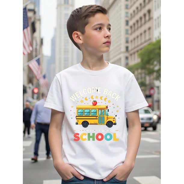 Boys/Girls School Bus Theme Back To School Cotton Graphic Tees, Black Casual Style Summer Tops With School Bus Print, Gift For School Events, Fashionable And Fun