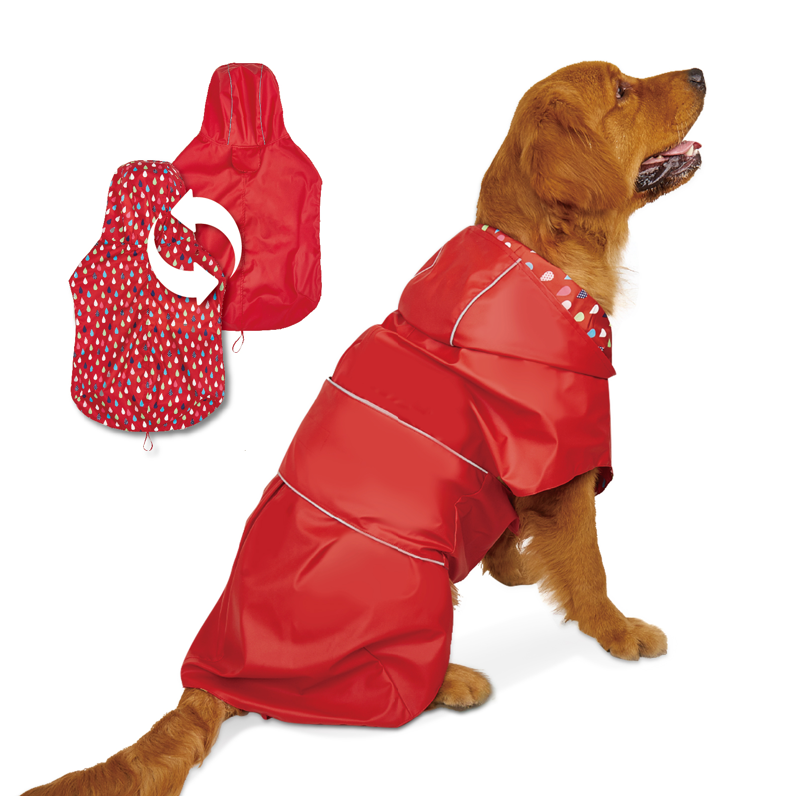 FOFOS Reversible Dog Raincoat Adjustable Rainproof Jacket, Red Small