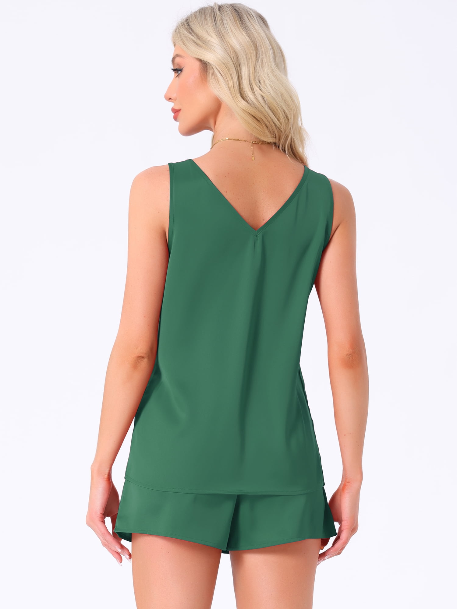 DARING DIVA Satin Silky Tank Top Shorts Pleated Front 2 Piece Pajama Sets XS Green
