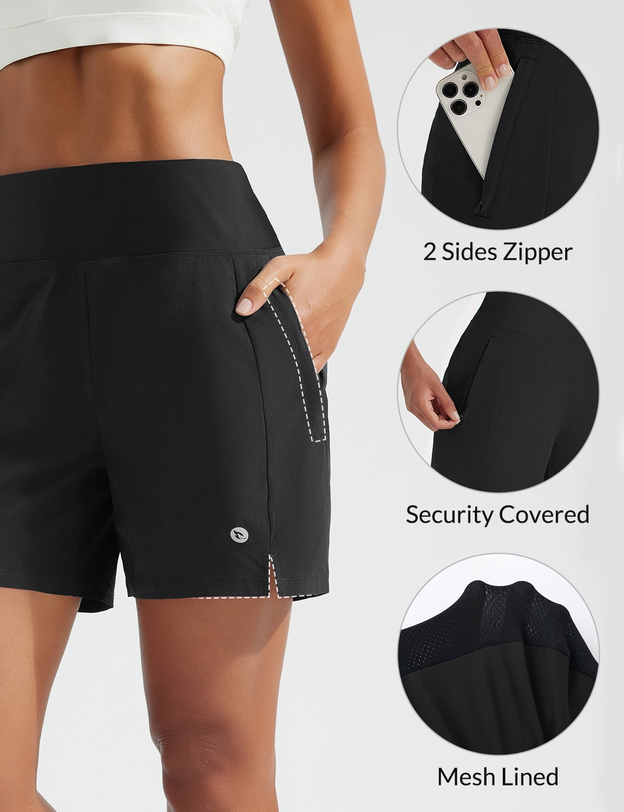 BALEAF Women's Swim Shorts High Waisted Quick Dry 5'' Modest Swimsuits Bottoms Tummy Control Boxer Liner Board Shorts with Zipper Pockets Black M